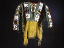 Old Style Beaded Fringe Tan Green Buckskin Suede Leather Powwow War Shirt SXS197 picture