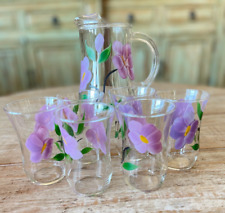 Vintage Spring/Summer Beverage Set, Hand Painted Violet Flowers With 6 Glasses picture