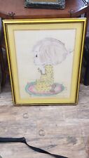 A Girl Praying, pencil/crayon on Paper Framed, signed 1974. A vintage art picture