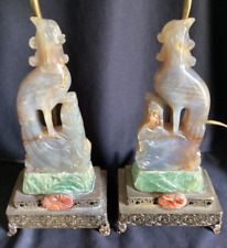Fine Pair Antique Chinese 3 Color Carved Fluorite Quartz Bird Table Lamps picture