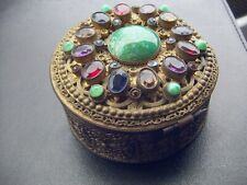 ANTIQUE AUSTRIAN JEWELED BOX GLASS CABOCHON STONES FILIGREED GILT BRASS ROUND picture