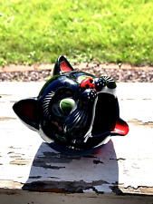 VTG Shafford Redware Black Cat Head Ashtray Incense Green Eyes 1950s Japan (18B) picture