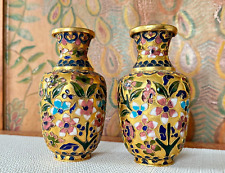 Antique Chinese Champlevé Cloisonné Enamel Over Brass Miniature Floral Bud Vases picture