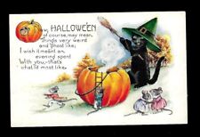 Early 1900's Whitney Made Halloween Postcard Black Cat Green Hat, Mice & JOL picture