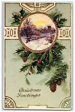 c1910's Christmas Greetings Holly Pince Cone Gel Gold Gilt Embossed Postcard picture