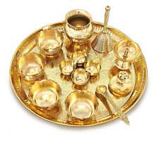 Brass Pooja Thali Set 12 Inch with Pital Puja Plate Kalash Bowl Spoon Haldi K... picture
