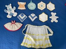 Lot Vintage  Decorative handmade Crocheted Linens Hot pads Apron EUC picture