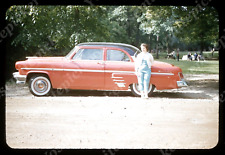 sl79 Original slide  1950's Red Kodachrome lady two toned car 418a picture