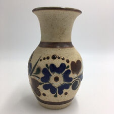 Vintage Tonala Vase Hand Paint Folk Art Pottery Sandstone Floral Signed F Mex 6