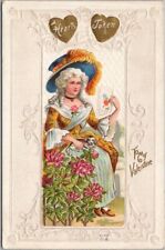 1910s VALENTINE'S DAY Embossed Postcard Pretty Lady / Colonial Fashion Large Hat picture