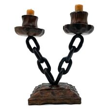 VTG Spanish Gothic Revival Wood Cast Iron Forged Chain Candelabra 60's Medieval picture