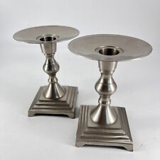 Cool Tone Metal Pewter Candle Candlestick Holders Stacked Square Base India Pair picture