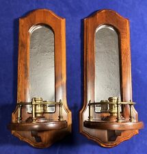 Vintage Pair of Wood & Brass Mirrored Candle Holder Sconces, Cornwall Industries picture