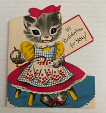 Vintage Cat Embroidering Anthropomorphic Birthday Card Used No Envelope picture