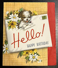 Vintage 50s Birthday Puppy Sunflower Mail Letter Hello Embossed Greeting Card picture