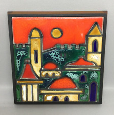 Vintage Jerusalem Ein Reb Framed Art Pottery Tile Glazed Ceramic Judaica Israel picture