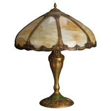 Antique Arts & Crafts Royal Polychromed & Caramel Slag Glass Lamp C1920 picture