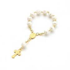 White 8mm Rose Beads One Decade Rosary with Gold Our Lady of Guadalupe Center... picture