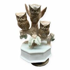 Vtg Porcelain Owl Trio Wind Up Rotating Music Box Hand Painted Made In Taiwan picture