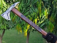 Handmade Rare Art Carbon Steel Blade Viking Throwing Axe - Carved Ashwood Handle picture