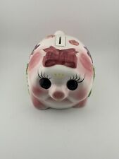 Vintage Ceramic Pink Big Eyes Eyelash Glazed Piggy Bank Bow Floral W Stopper picture
