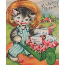 Vtg. 1953 Anthropomorphic Kitten Cat Birthday Card 50s Hampton Art Wheelbarrow picture