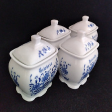 Set of 4 Vintage Blue Onion Pattern Germany Porcelain Spice Jars Lidded picture
