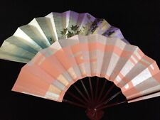 W1053 Japanese Folding Hand Fan SENSU Set Vintage 2pc GEISHA Dance Interior picture