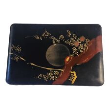 Vintage Black Lacquer Asian Lidded Trinket Box Handpainted Covered Vanity Tray  picture