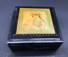 Vtg Edna Hibel Carved Black Marble Stone Jewelry Trinket Box Heavy Signed picture