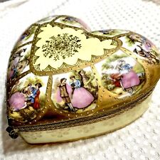 Large Vtg Porcelain Heart Trinket Jewelry Box Hinge Gold Pink Yello Royal Vienna picture