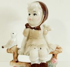 Country Farm Girl On Bench With Bird Ceramic Vintage Hand Painted c1970s HGS2E picture