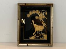 Vintage Asian Gold Painted Stalk Art Depicting Cranes in Bamboo Style Frame picture