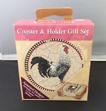 Rooster Coasters with Wood Holder, Absorbent Stoneware w Cork Backing, Washable picture