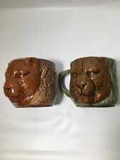Rare Lion Head Coffee Mugs Brown/Green Cups Animal Safari Hand Painted Jungle picture