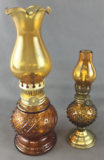 Vintage Pair of Amber Hobnail Glass Oil Lamps Yellow Chimney's - 7 3/4