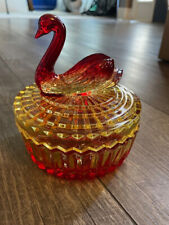 Vintage Jeannette Glass Swan Powder Box Red/Yellow Glass 1950s 1960s Amberina picture