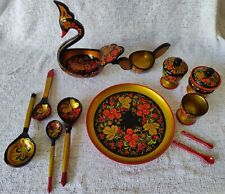 14 Pieces Vintage Russian KHOKHLOMA Hand Painted Wood Laquer (USSR) Folk Art  picture