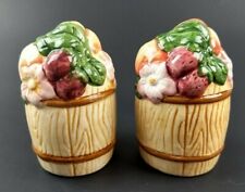 Vintage Fruit Barrel Strawberry Peach Cherry Blossoms Salt Pepper Shakers Set picture