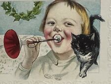 Christmas Postcard Stecher Cat On Shoulder Child Blows Horn Hearty Wishes picture