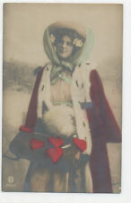 Tinted Photo postcard - Woman with Red fur Cape, Muffler and Bonnet 1908 picture