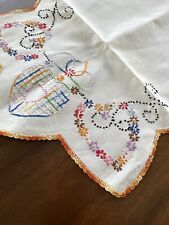 Vintage Hand Embroidered Floral Table Runner Doily Scallop Crochet Edge Colors picture