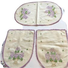 5 Vintage Handmade Floral Embroidered  With Purple Crocheted Lace Spring Pretty picture