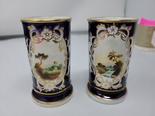 PAIR Unmarked porcelain Cobalt Blue Spill Vase with Rural Scenes 19th Century  picture