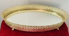 Vanity Tray Victorian Style Filigree Brass Oval Dresser Mirrored and Footed picture