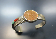 Native American Unusual Multi-Stone Inlay Sterling Silver Cuff Bracelet signed picture