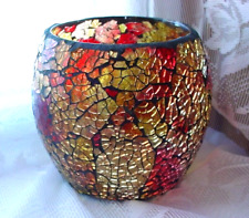 Mosaic Crackle Glass Candle Bowl Candleholder F1740 Red Amber Yellow picture