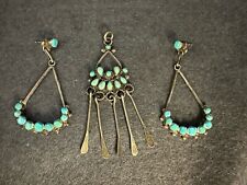 Vintage Zuni Turquoise Sterling Silver Petite Point Snake Eye Pendant And Earrin picture