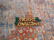 Vintage Merry Christmas Hanging Sign Gold with Holly Berries Plastic picture