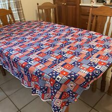VINTAGE  Polyester TABLECLOTH  Red White & Blue   Graphics 64 x 69